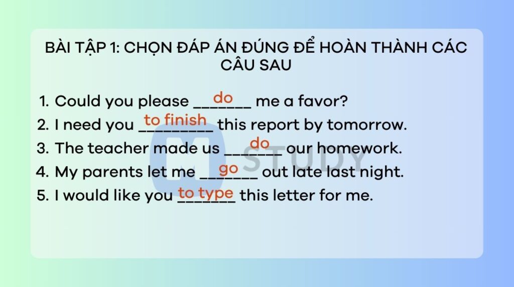 Bài tập 1: Chọn đáp án đúng để hoàn thành các câu sau
