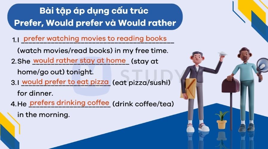 Bài tập áp dụng cấu trúc prefer would prefer và would rather
