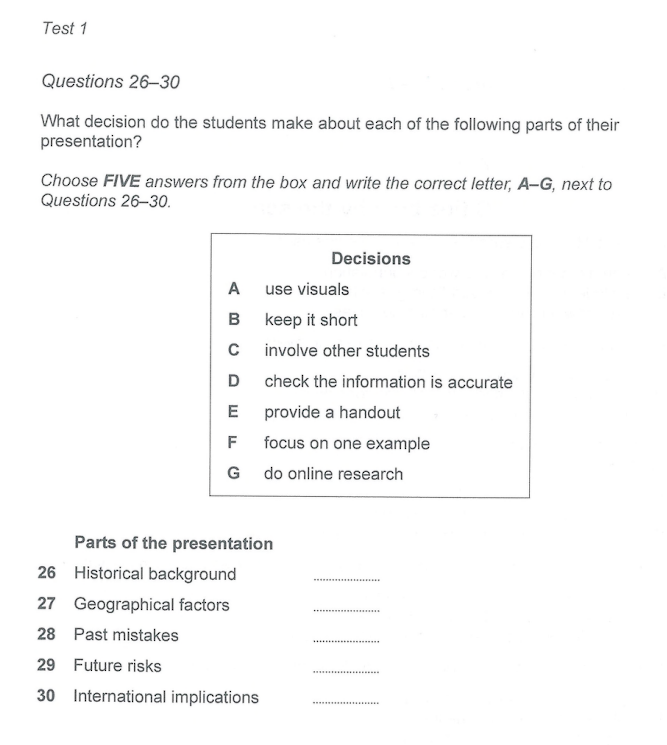 Ví dụ dạng Matching Information chủ đề học thuật thường xuất hiện ở IELTS Listening Part 3.