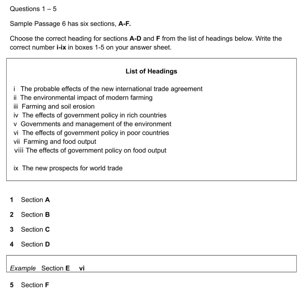 Ví dụ một bài dạng Matching Headings IELTS Reading